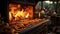 Glowing wood burning stove illuminates rustic domestic. Generative AI.