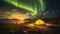 A glowing yellow camping tent under a beautiful green northern lights aurora Generative AI