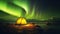 A glowing yellow camping tent under a beautiful green northern lights aurora Generative AI
