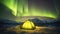 A glowing yellow camping tent under a beautiful green northern lights aurora Generative AI
