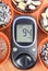 Glucometer for checking sugar level and fresh chocolate muffins. Diabetes and delicious dessert for diabetics