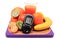 Glucometer, fresh natural fruits and glass of juice