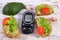 Glucometer and freshly sandwiches with paste of avocado, diabetes, healthy food and nutrition