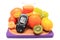 Glucometer, fruits, dumbbells, tape measure and glass of juice