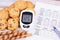 Glucometer, heap of cookies and medical form, diabetes, reduction eating sweets