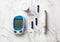 Glucometer ketometer lancet and strips for self-monitoring of blood glucose or ketones level. diabetes or keto diet