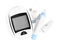 Glucometer, lancet pen and strips on white background, top view. Diabetes testing kit