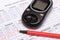 Glucometer and red pen on medical forms for diabetes