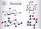 Glucose dextrose, D-glucose molecule. Sheet of paper in a cage. Structural chemical formula and molecule model