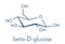 Glucose dextrose, grape sugar molecule beta-D-glucopyranose form. Skeletal formula.