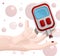 Glucose meter finger blood concept background, cartoon style
