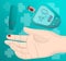 Glucose meter take blood finger concept background, cartoon style