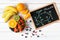 Glucose molecule on blackboard with mixed fresh fruits salad