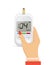 Glucose sugar test in hand icon. Glucometer vector blood monitor. Diabetes sugar meter insulin control device