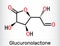 Glucuronolactone molecule. It is naturally occurring substance, used in energy drinks. Skeletal chemical formula