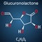 Glucuronolactone molecule. It is naturally occurring substance, used in energy drinks. Structural chemical formula on the dark