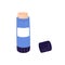 Glue stick tube. Open cylinder bottle of adhesive with gluing paste and cap. Gluestick pack. Office stationery item