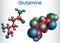 Glutamine Gln , Q amino acid molecule. Structural chemical formula and molecule model