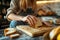 Gluten allergy, woman hand holding bread slice, looking at bread slice at home. Gluten intolerant