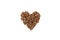 Gluten free flax pasta. Uncooked Fusilli made of flaxseed flour layed in the shape of heart on white background. Low glycemic