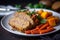 Gluten-free meatloaf made with ground turkey and quinoa, served with a side of roasted root vegetables