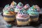 gluten-free and vegan cupcakes, frosted with swirls of pastel colors