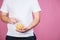 Glutton man eating french fries. imbalanced ration