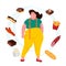 Gluttony concept. Fat and overweight person want to eat food. Vector