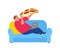 Gluttony fat obese man eating large slice of pizza lying on the sofa vector