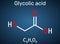 Glycolic acid, hydroacetic or hydroxyacetic acid, C2H4O3 molecule. It is alpha-hydroxy acid, AHA.  Structural chemical formula on