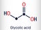 Glycolic acid, hydroacetic or hydroxyacetic acid, C2H4O3 molecule. It is alpha-hydroxy acid, AHA.  Structural chemical formula