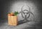 GMO concept. Danger food. Pack full of products cast shadow in form of biohazard sign. 3d