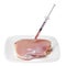 GMO food concept. Genetically modified raw chicken meat on square plate and syringe isolated on white. Genetic injectio