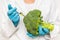 GMO scientist injecting liquid from syringe into broccoli