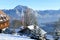 The Gmundnerberg Haus on the Gmundnerberg in winter with the Traunstein and Traunsee in the background, Austria, Europe