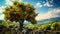 Gnarled Apple Tree in a Serene Landscape AI generated