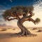 A gnarled tree with a brain-shaped knot in its trunk, standing alone in a vast desert landscape.
