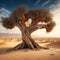 A gnarled tree with a brain-shaped knot in its trunk, standing alone in a vast desert landscape.