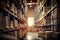 Gnerative ai image of a large warehouse full of iron shelves with brown cardboard boxes