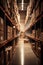 Gnerative ai image of a large warehouse full of iron shelves with brown cardboard boxes