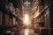Gnerative ai image of a large warehouse full of iron shelves with brown cardboard boxes
