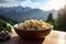 Gnocchi Dish with Dolomites Mountain Range Backdrop