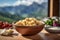 Gnocchi Dish with Dolomites Mountain Range Backdrop