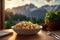 Gnocchi Dish with Dolomites Mountain Range Backdrop