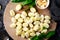 Gnocchi, Fresh Uncooked Potato Gnocchi on Wooden Board, Italian Cuisine