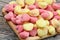 Gnocchi hearts on a wooden cutting board