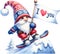 Gnome in action while taking a leap off a snowboard with sign I LOVE YOU
