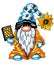 Gnome in a blue cap with bees and a sunflower, holding a honeycomb with honey.
