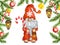 Gnome with candy cane and flashlight in Christmas Eve. Little gnome in funny red cap. Cute holidays gnome for New year greetings