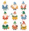 Gnome characters. Cartoon garden dwarf, cute beard men. Season spring summer gardening fantasy funny decoration for lawn
